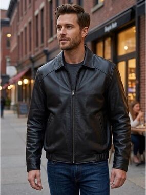 Kirkland Signature Men's Dark Leather Bomber Jacket. Size L